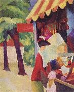 August Macke Vor dem Hutladen (Frau mit roter Jacke und Kind) oil painting